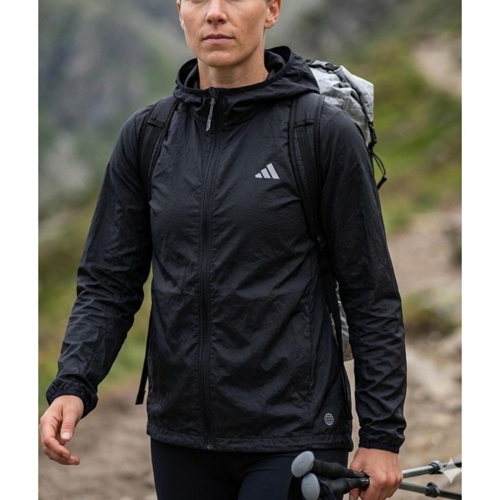 Adidas Jacket Woman's L Black Hooded Full Zip‎ Ultralite Lightweight Polyamide